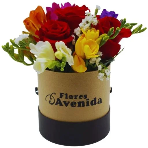 Caja pote con rosas rojas y flores fresias lite